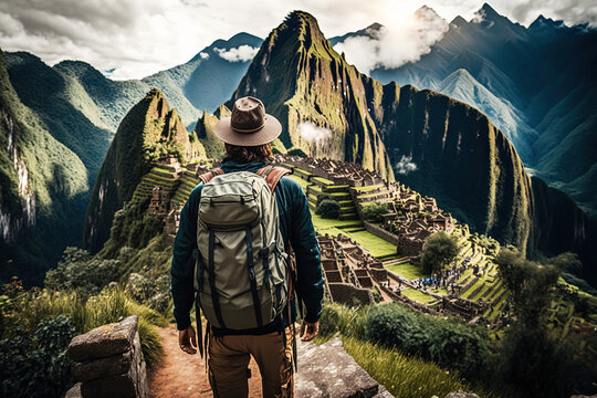 A backpacker with backpack is standing on the peak of mountain with Machu Picchu, the world famous landmark of Peru as the background. Travel and journey scene. Generative Ai image.	
