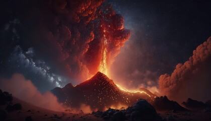 A supervolcano erupts with explosive force, spewing ash, rock, and lava into the atmosphere. Generative AI