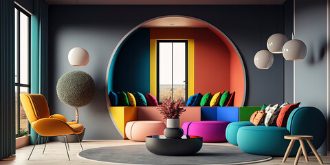 render of minimalist interior of living room with vivid colors AI-Generated