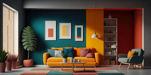 Render of minimalist living room interior with vivid color scheme