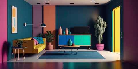 Render of minimalist living room interior with vivid color scheme AI-Generated