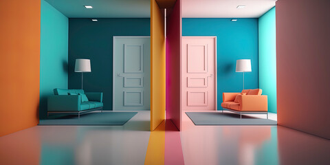 Minimalist and colorful living room interior in render image AI-Generated
