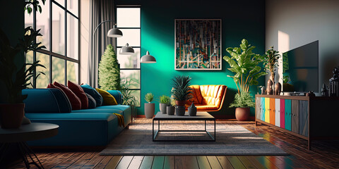 Minimalist living room interior with vivid colors in render image AI-Generated
