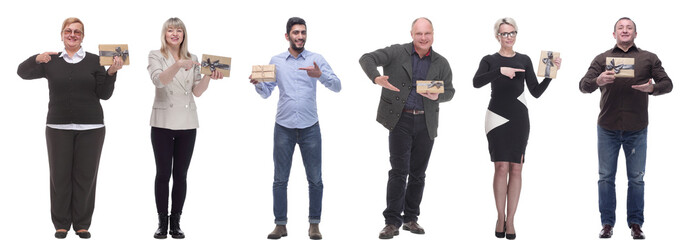 group of happy people with gifts in their hands isolated