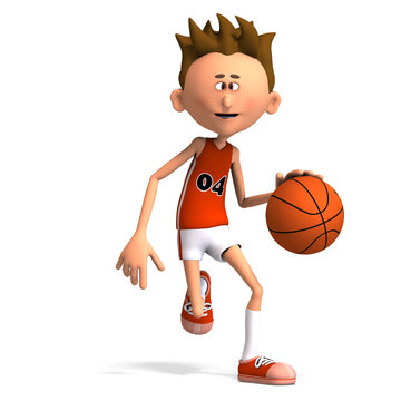 3D-illustration of a cute and funny cartoon basketball player dribbling a ball