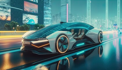 Autonomous driving in the Future of urban car mobility, AI car, futuristic neon car on the street in futuristic city in 8K created with generative ai technology