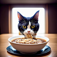 Cat slurping noodles created with Generative AI. - obrazy, fototapety, plakaty
