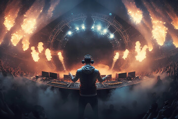 a DJ plays a set at a massive arena to a full crowd at a top tier festival, the production of pyro technics, lazers, and fireworks are perfect, Created with Generative AI