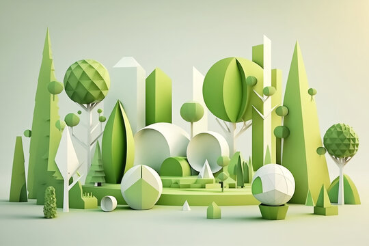Abstract green city with geometric objects made with Generative AI
