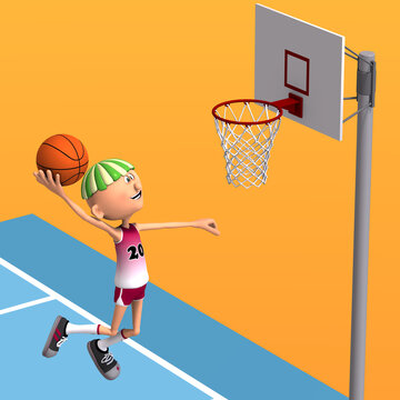 3D-illustration of a cute and funny cartoon basketball player thows a basketball on the board