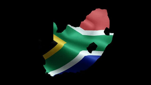 4K waving national flag of South Africa on the map. Alpha channel seamless South African flag on territory. Outline geographic country border of South Africa stock video.