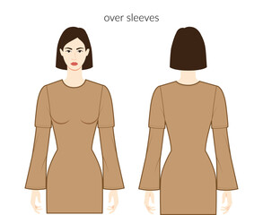 Over sleeves long length clothes character beautiful lady in nude top, shirt, dress technical fashion illustration, fitted body. Flat apparel template front, back sides. Women, men unisex CAD mockup