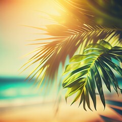 Palm leaves background. Sea view through green palm leaves and bright sunlight. ai generative