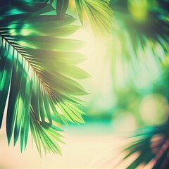 Obraz na płótnie Canvas Palm leaves background. Sea view through green palm leaves and bright sunlight. ai generative