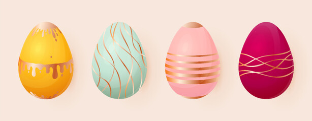 Easter painted egg gold luxury pattern flat set. Yellow blue pink magenta lay geometric doodle flowing paint thin wave line element greeting card spring happy vacation food christian holiday isolated