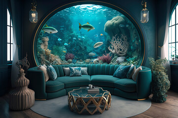the living room of an undersea luxury home