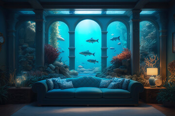 the living room of an undersea luxury home