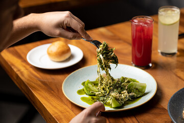 Eating salad in a restaurant