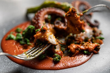 Grilled octopus dish, over red sauce, with fork grasping the food, Close up