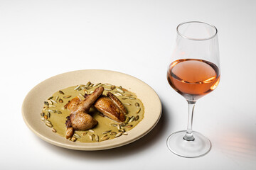 Delicious chicken in sauce, accompanied by a glass of wine, on a white background.