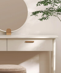Empty modern, minimal beige dressing table, gold handle drawer storage, round vanity mirror, stool, tree in cream wall bedroom in sunlight for luxury beauty, cosmetic, makeup product background 3D