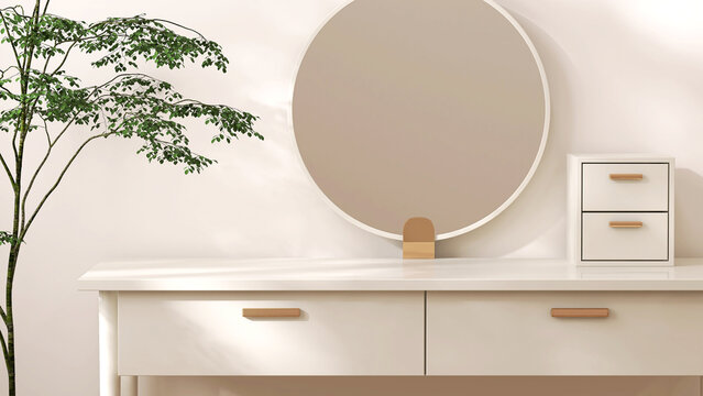 Empty modern, minimal beige dressing table, gold handle drawer storage, round vanity mirror, tree in cream wall bedroom in beautiful sunlight for luxury beauty, cosmetic, makeup product background 3D