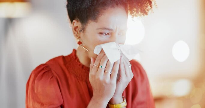 Sick business woman, sneeze and blowing nose from flu in night office for allergies, cold virus and illness bug. Tissue, black female and allergy of worker with health problem, medical risk and sinus