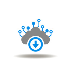 Obraz premium Vector illustration of cloud with circuits architecture and arrow down. Icon of download cloud data. Symbol of web server, hosting, cloud computing service.