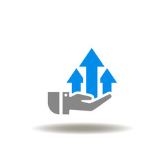 Vector illustration of hand hold arrows up. Icon of invest. Symbol of finance investment, growth.