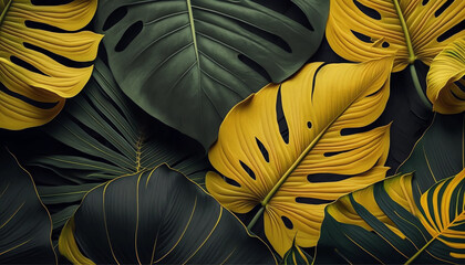 Yellow and green tropical leaves pattern background generative ai
