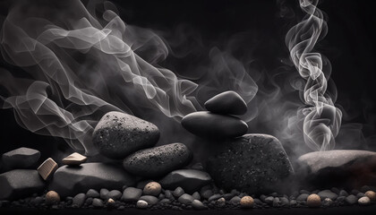 smoking zen stones on black background generative ai