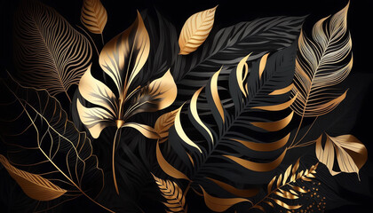 Black and gold Tropical leaves pattern background generative ai