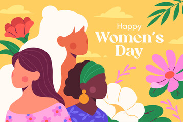 Womens day poster. Greeting postcad design. International holiday and festival. Three multiracial women with flowers. Feminism and unity. Equal rights and democracy. Cartoon flat vector illustration