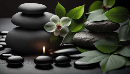 Obraz na płótnie Canvas black spa stones and flower generative ai
