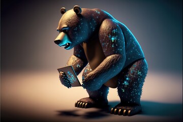 Angry Bear trading at tablet as a concept of bearish / pessimistic mindset in relation to stock prices or crypto prices in 8K created with generative ai technology