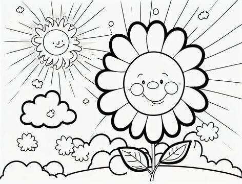 Malen f&uuml;r Kinder mit Blumen, Sonne und Wolken