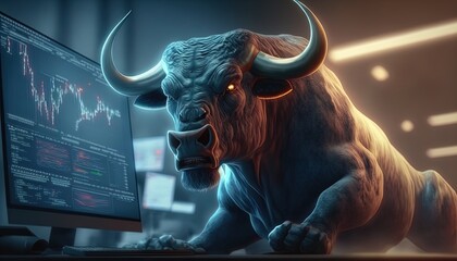 Cheering angry powerful Bull trading at computer as a concept of bullish / optimistic mindset in relation to stock prices or crypto prices in 8K created with generative ai technology