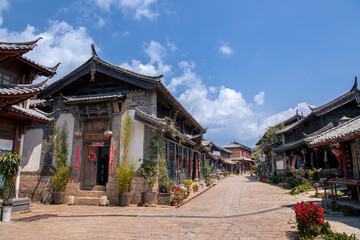 August 7, 2021, Lijiang, China. Scenic street in the Old Town of Lijiang, Yunnan province, China....