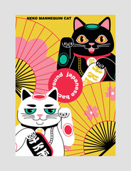 Japanese style poster. Colorful retro banner in oriental style with neko cat mannequins and fans. Traditional Asian symbol. Cover design. Cartoon flat vector illustration isolated on gray background