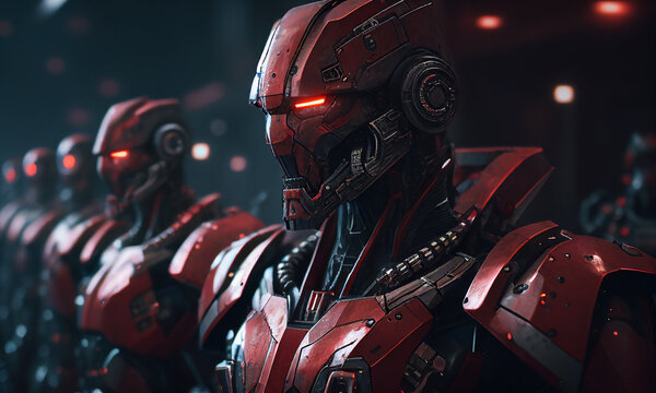 Red robot army or group of cyborgs. Generative AI.