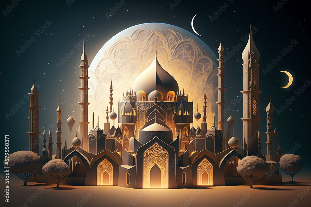 Wall mural illustration of a mosque with beautiful architecture. generative ai illustration