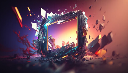 3d render, abstract futuristic background with glowing square frame and broken glass, colorful laser rays