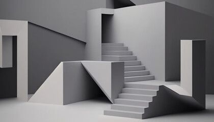 3d render, abstract minimal background with steps and staircase. Empty room architectural concept