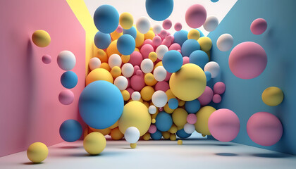 3d render, abstract vibrant gradient background, assorted colorful balls falling down, jumping, bouncing, flying or levitating inside empty room. Minimal fun concept. Pink blue yellow white balloons