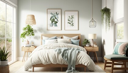 A bright and airy bedroom with a soft color palette and plush bedding, accented by natural wood elements and woven textures. generative ai
