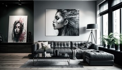 A chic modern living room interior design in shades of grey with a comfortable black leather sofa and a glass coffee table. The wall behind the sofa is adorned with a beautiful generative ai