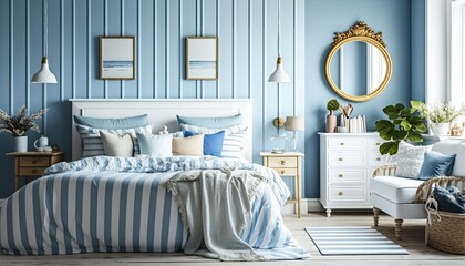 A coastal style bedroom with light blue walls and white wooden furniture. The bedding is a simple white and blue stripe, adding to the overall nautical theme of the space. generative ai