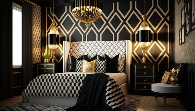 An Art Moderne interior design bedroom with bold geometric patterns on the wallpaper and furnishings. The colors used are black, white, and gold, giving the space a luxurious generative ai