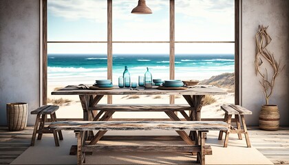 A rustic dining room setup with a wooden table and benches on a sandy beach with the ocean waves in the background. HD, realistic, natural lighting. generative ai


