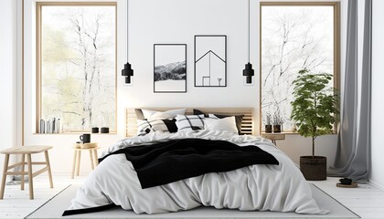 A Scandinavian style bedroom with light wooden furniture and white walls. The bedding is a simple black and white design, adding a touch of contrast to the space. The overall atmosphere, generative ai